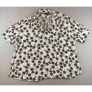 Lane Bryant Womens Black White Floral Blouse Size 18 Short Sleeve Tie Neck